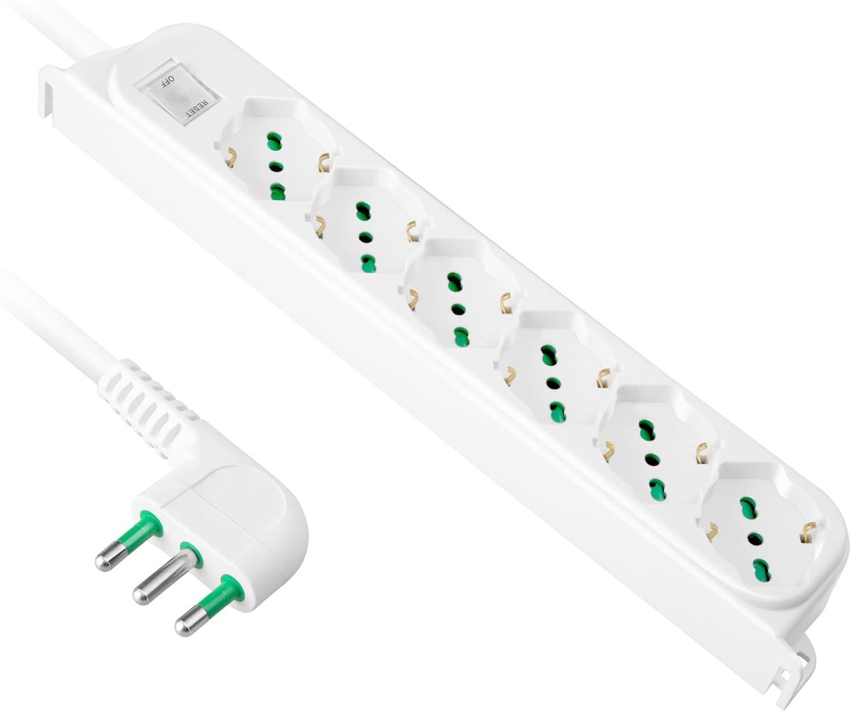 SnelShoppen - 8-voudige stekkerdoos met Italiaanse en Duitse contacten, 1.5 m kabel, geaarde stekker, verlichte schakelaar, wit, ideaal voor thuis, ka