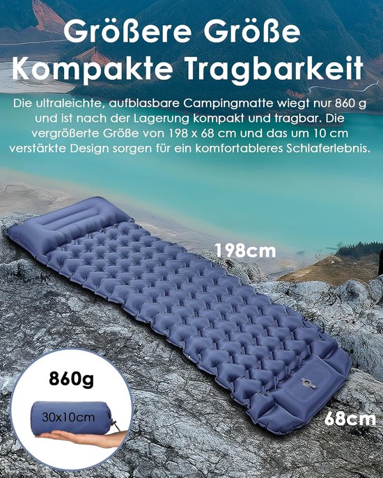 Zelfopblazend Opblaasbaar Campingmatras met Kussen - Ultralicht Tentmatras 68 x 198 — afbeelding 3