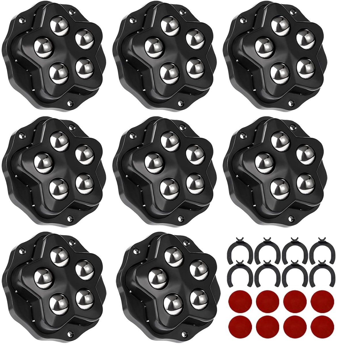 SnelShoppen - Pack van 8 Zelfklevende Meubelwielen - Kleine Plastic Casters - 360° Draaiend - Met 5 Stalen Ballen - Tot 150 kg - Zwart - Voor Keukenme
