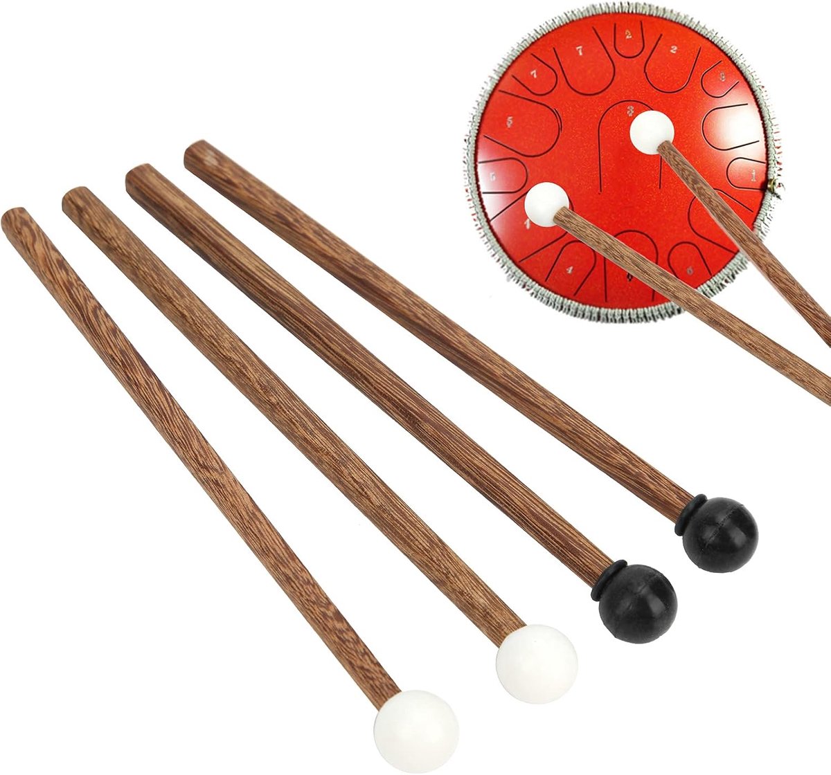 SnelShoppen - 4pcs Rubber Tongue Drum Mallets met Houten Handvat - 6.5 Inch Percussie Stokken voor Steel Tongue Drum - Perfect voor Muziek, Feest en K