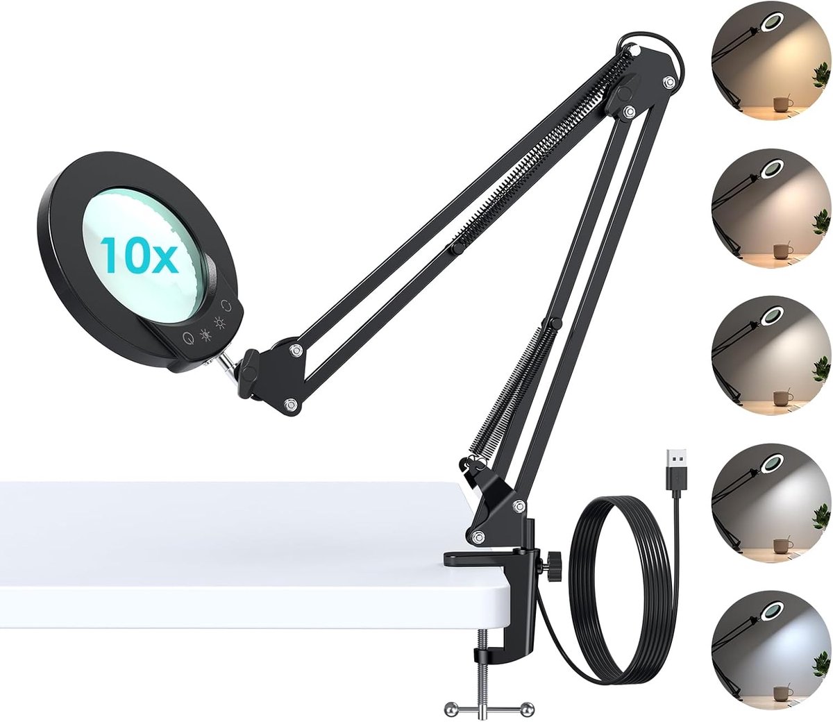 SnelShoppen - Dimmable Magnifying Glass with Light, 8x Magnifier, Touch Control, Green Glass Lens, Stand with Metal Clip, Swivel Arm for Reading and D