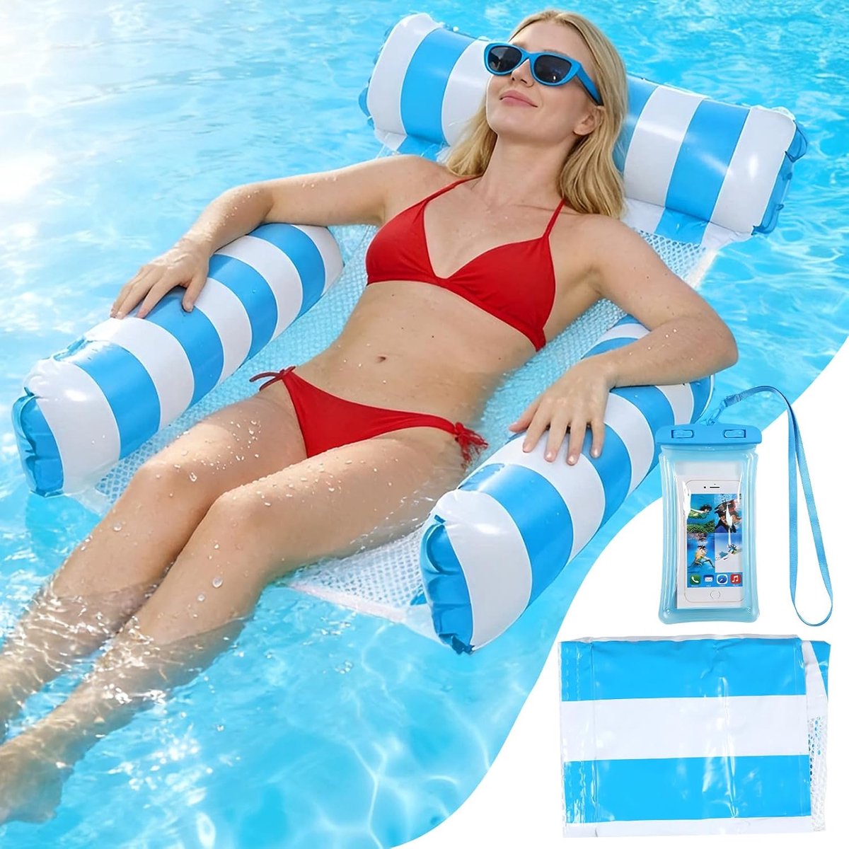 SnelShoppen - Floating Hammock met Waterdichte Telefoonhoes - Zwem- en Strandhamoek voor Pool Party's - Blauwe Strepen - Duurzaam en Stevig
