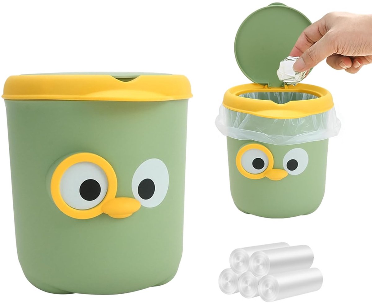 SnelShoppen - Mini Vuilnisbak voor Bureau, Cartoon Design, 15x17x12 cm, Groene PP Plastic Prullenbak met Deksel, Ideaal voor Keuken, Slaapkamer, Kanto