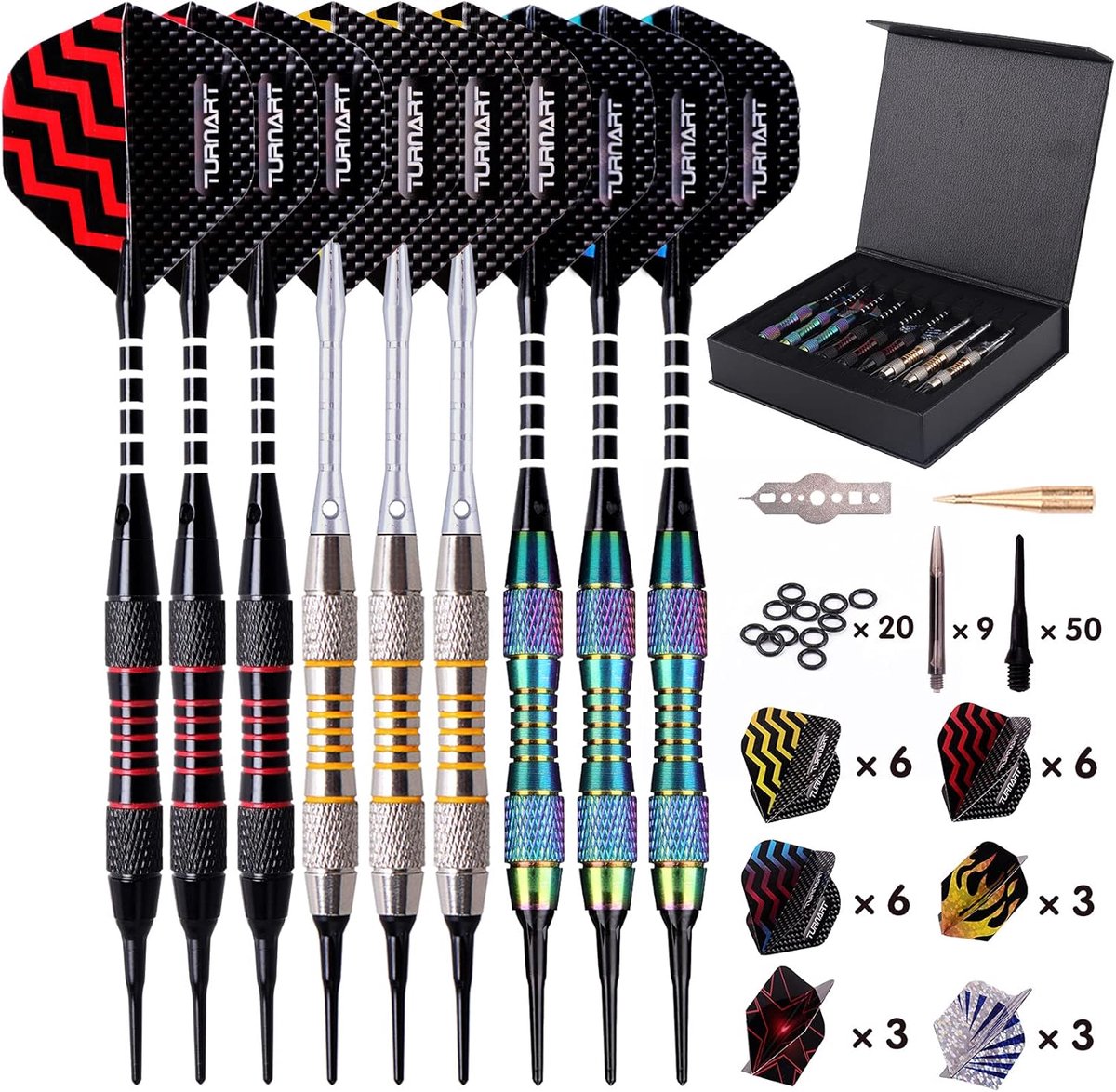 SnelShoppen - Plastic Dart Arrow Set 9 Stuks 18g met 50 Plastic Dart Flights en 20 Rubber Ringen voor Elektronische Doelwit - Perfect voor Feest en Sp