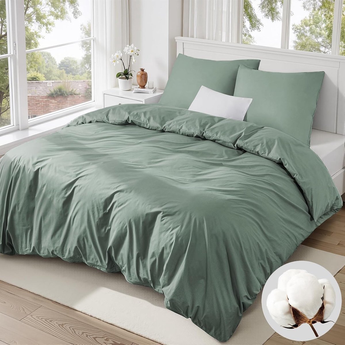 SnelShoppen - Bedlinnen 135x200 Katoen Saliegroen - 2-delige Bedset met Kussensloop 80x80cm - Eco-Tex 100% Katoen met Rits - Luxe Dekbedovertrek voor