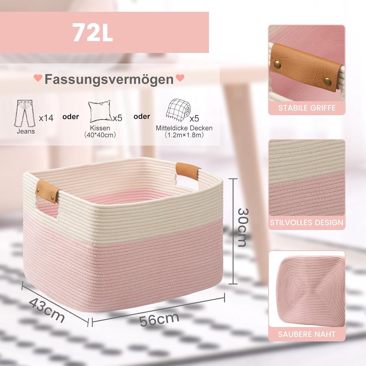SnelShoppen - Grote Opbergmand - Gevlochten Katoenen Baskets - 72L - Witte en Roze Wasmand voor Dekens, Speelgoed, Kinderen, Decoratief voor Woonkamer