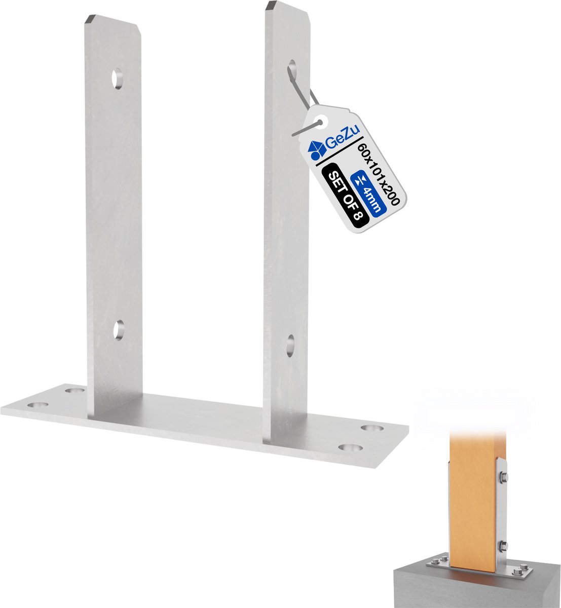 GeZu Impex U Paalhouder op plaat Thermisch verzinkt Set van 8 101 x 200 mm pergoladrager paaldrager paalvoet voetplaat paalsteun