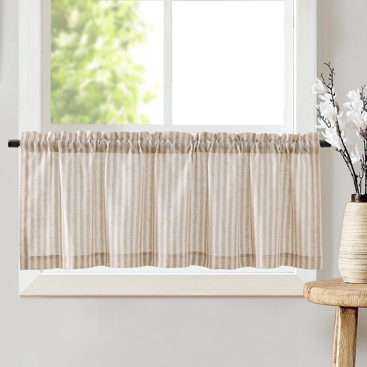 Vitrage Gordijn - Keukengordijn Paneel - Keuken Raam Decoratie - Linnenlook Streep Patroon - 125 x 40 cm - Bruin