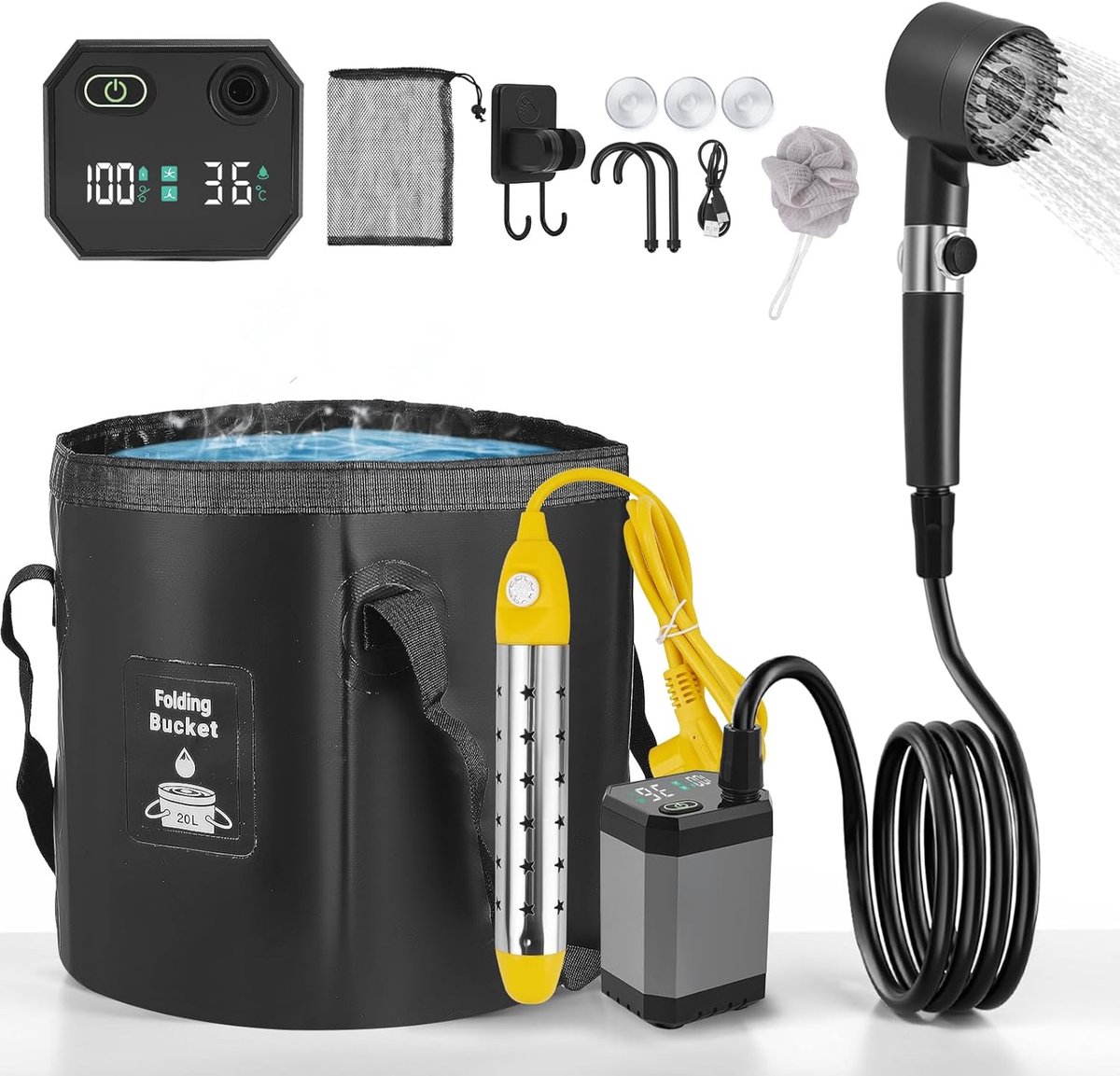 SnelShoppen - Solar Douche met Verhitting - Draagbare 8000 mAh Accu, 160-220 Minuten Gebruik, USB Oplaadbaar, Ideaal voor Camping, Tuin en Buitenactiv