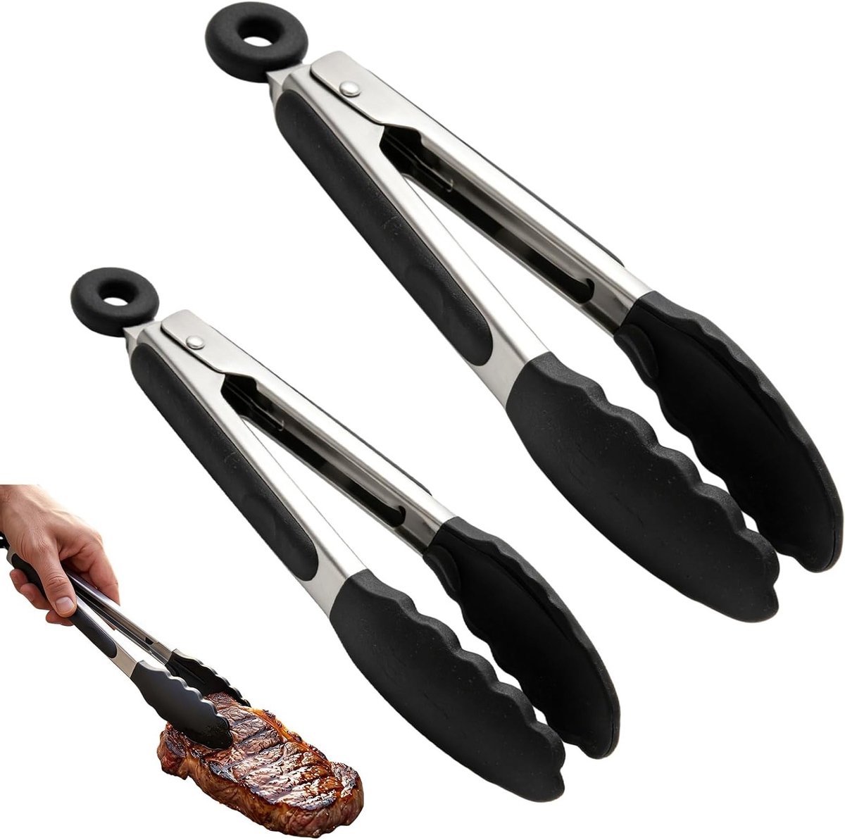 Professionele keukentangen set van 2 maten, roestvrij staal en siliconen, hittebestendig keukengerei voor grill en koken, 21 cm en 27 cm