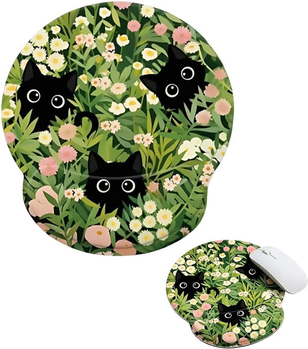 SnelShoppen - Leuke Muismat met Polssteun, Antislip Rubber, Katten en Bloemen Patroon, Gaming Muismat voor Laptop, Kantoor, Thuis, 25x23cm