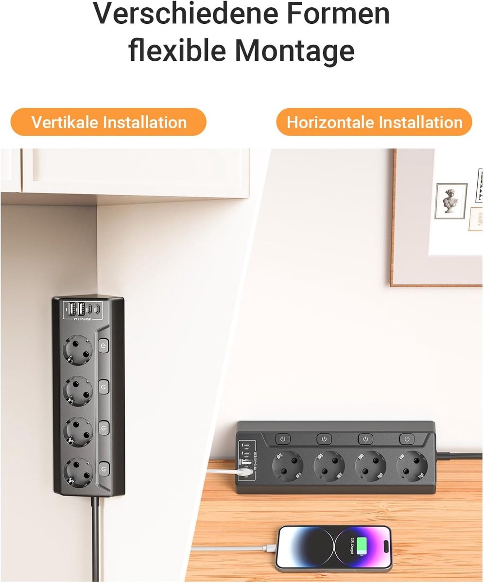 SnelShoppen - Hoekstopcontact met 4 Individueel Schakelbare Stopcontacten en 4 USB Poorten (2x USB-C + 2x USB-A), 2m Kabel, Overspanningsbeveiliging,