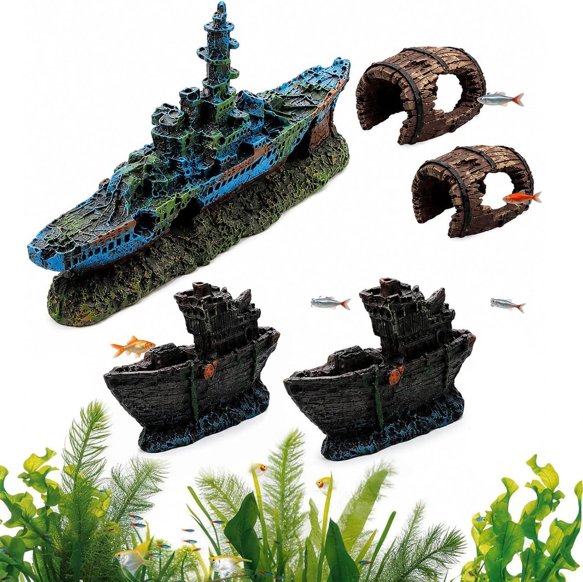 SnelShoppen - 5 Stuks Aquariumdecoratie, Hars Oorlogsschepen en Gebroken Vaten, Groot en Middelgroot, Ideaal voor Visglas en Onderwaterlandschap