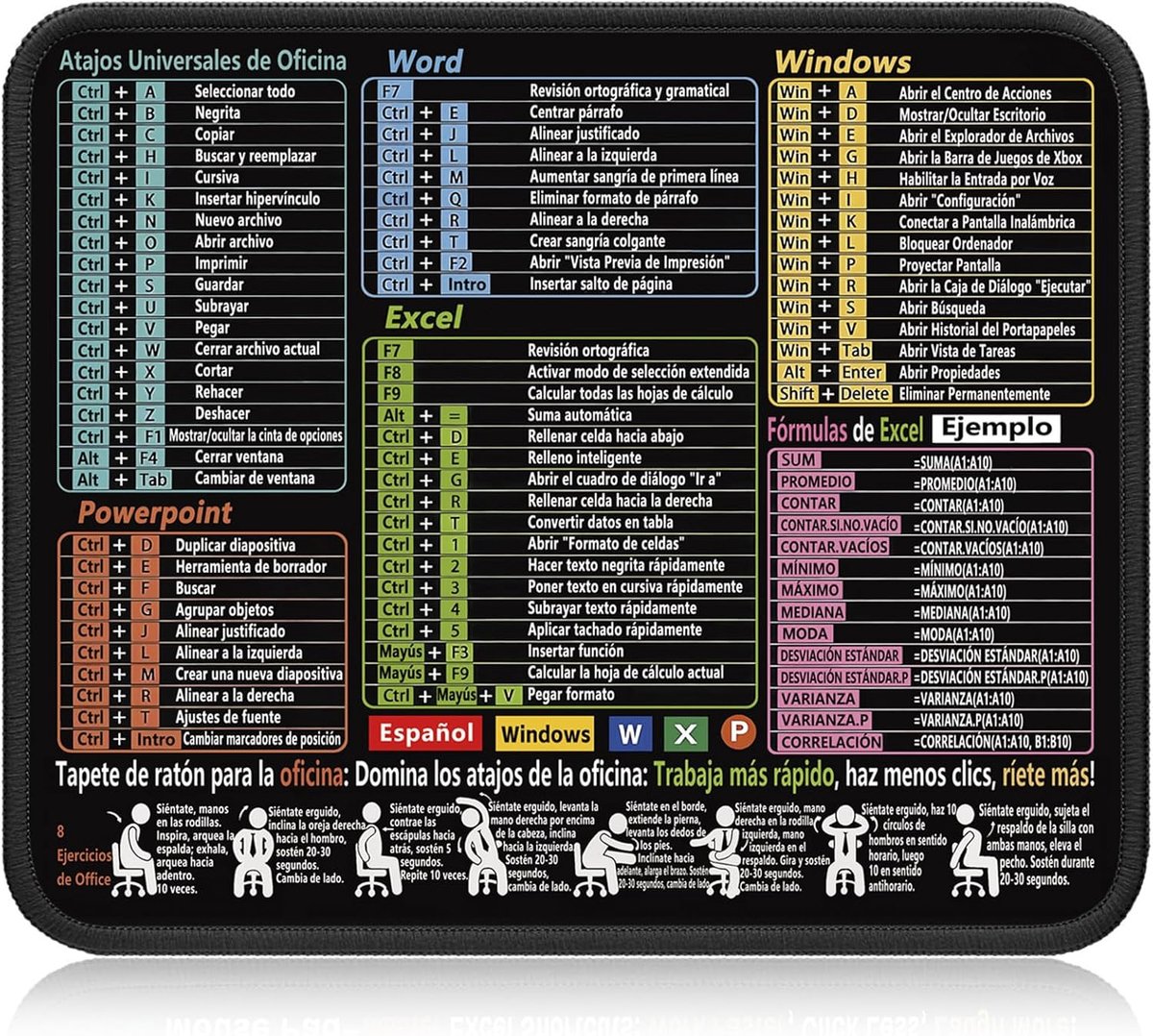 SnelShoppen - Mouse Pad met Spaanse Sneltoetsen voor Excel, Word, PPT, Windows - 300 x 250 mm, Antislip PC Pad voor Efficiënt Werkplezier