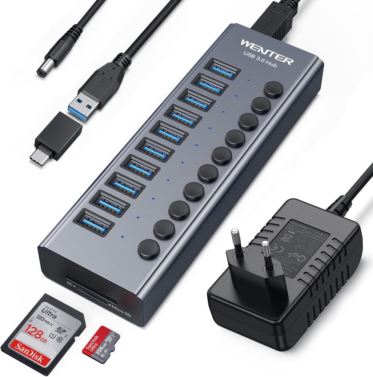 SnelShoppen - Powered USB 3.0 Hub met 10 Poorten, 36W Actieve USB Splitter, Aluminium USB Hub met Individuele Aan/Uit Schakelaars, SD/TF Kaartlezer vo
