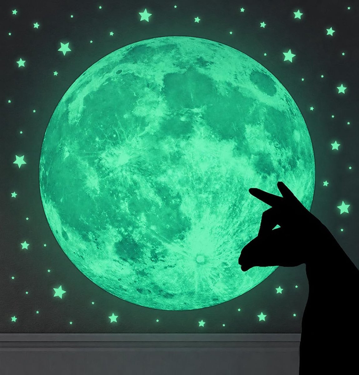 SnelShoppen - WandSticker Luminous Moon 30x30 cm + 134 Sterren en Lichtpunten | Fluorescente Wandstickers voor Kinderen, Zelfklevend, Muurdecoratie, S