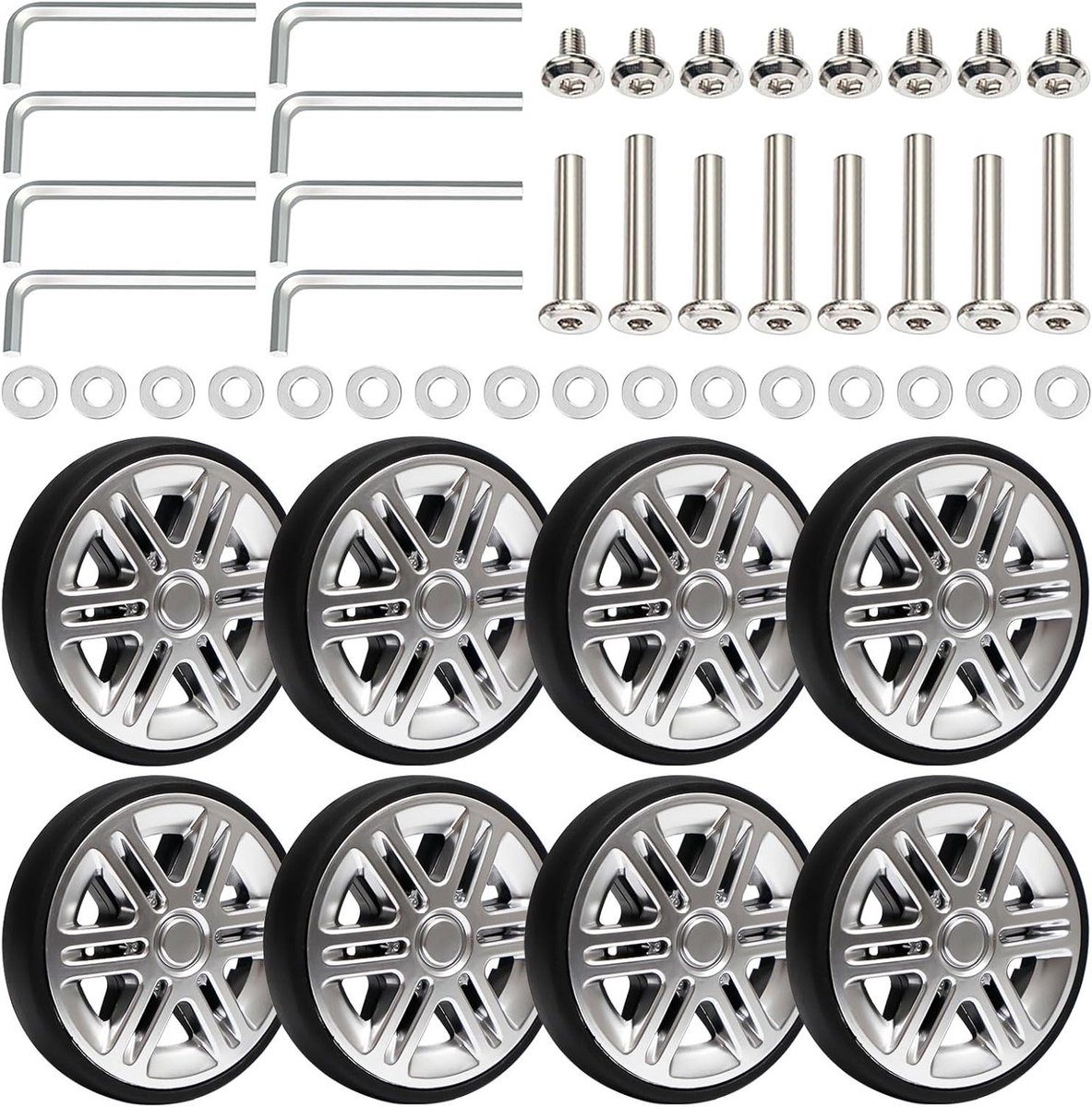 Reservewielen Koffer - Wielenset Bagage - Koffer Reparatie - Stille en Vloeiende Loop - 8 stuks - Zilver Zwart