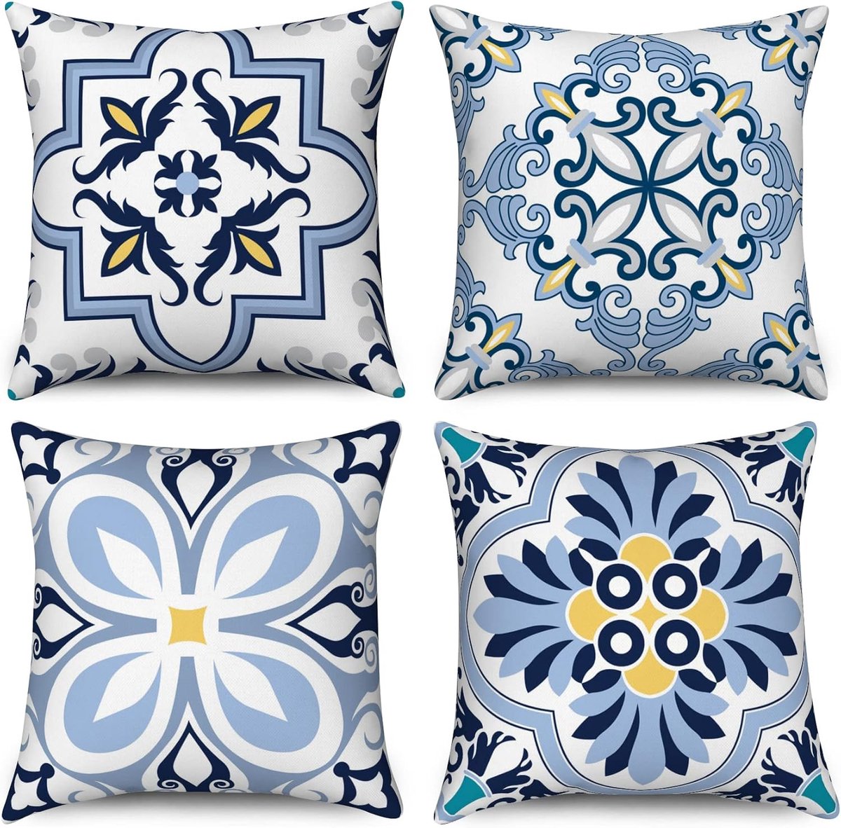 SnelShoppen - Boho Decoratieve Kussenhoezen Set van 4, Retro Geometrische Mandala Bloemen 50x50cm, Blauw en Geel, Voor Sofa, Tuin en Buitendecoratie