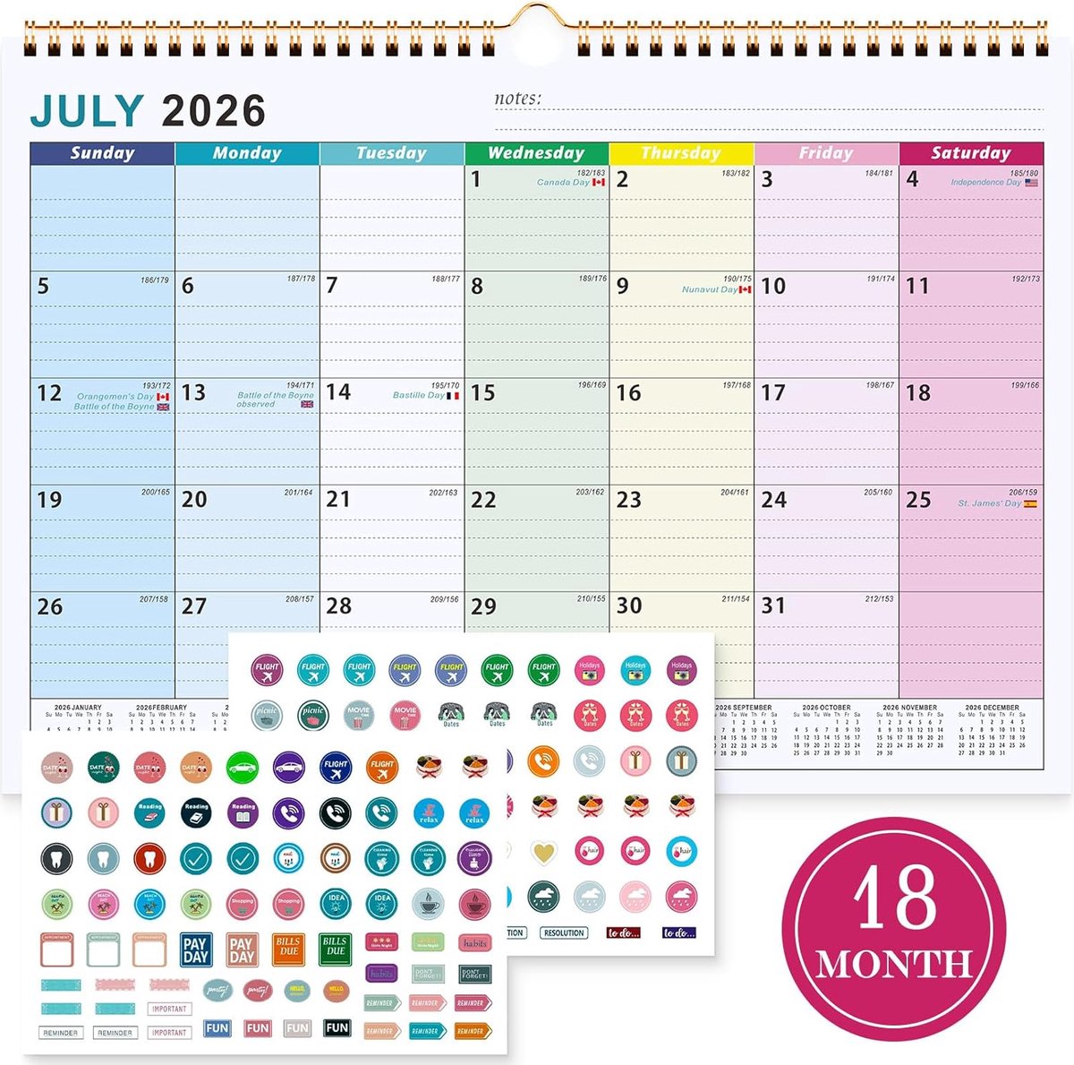 SnelShoppen - Grote Wandkalender 2026-2027, 38x30 cm, Kleurvolle Planner voor Kantoor, Gezin Organiser met Spiraal, Planning Stickers