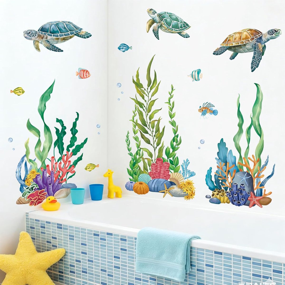 SnelShoppen - Wandstickers Onderwater Wereld, Zelfklevende Muurstickers voor Badkamer en Kinderkamer, Zee Schildpadden en Koraal, Eco-vriendelijk Viny