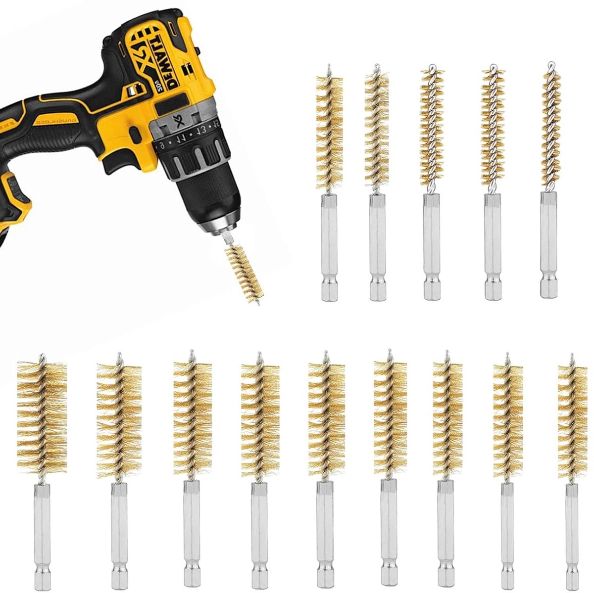 Set van 14 messing buisborstels van 8-25 mm voor effectieve reiniging van boorgaten en buizen, inclusief handvat voor klopboormachines