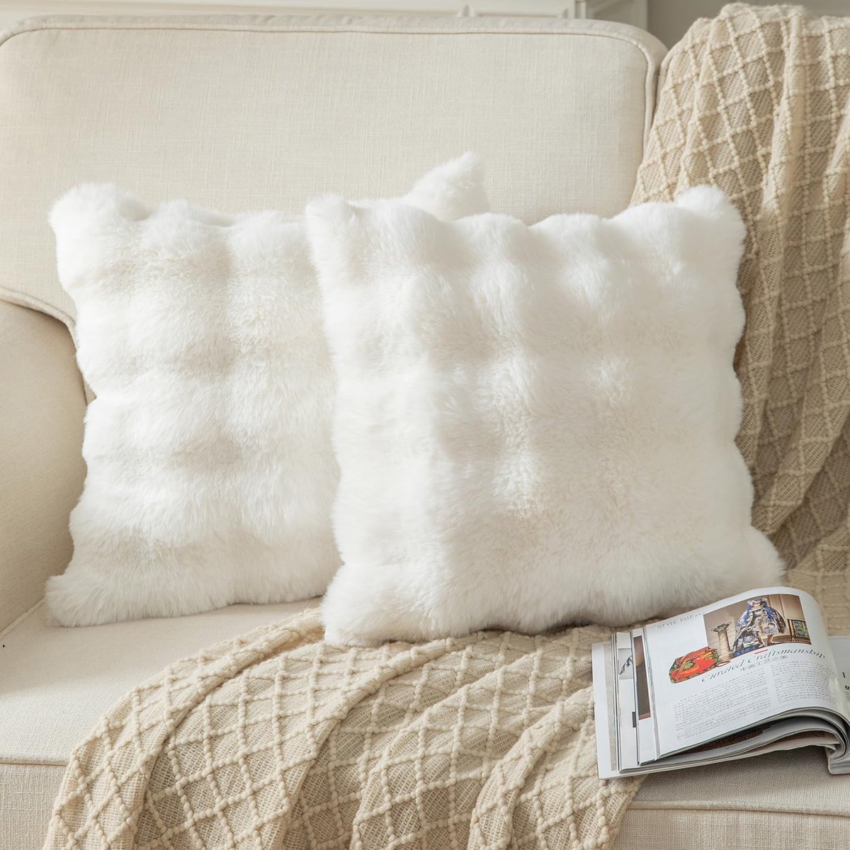SnelShoppen - Set van 2 Decoratieve Kussenslopen, Crème Wit, Dikke Wol Kussensloop 45x45 cm, Luxe Sofa Kussens, Pluche Neppels, Voor Woonkamer en Slaa
