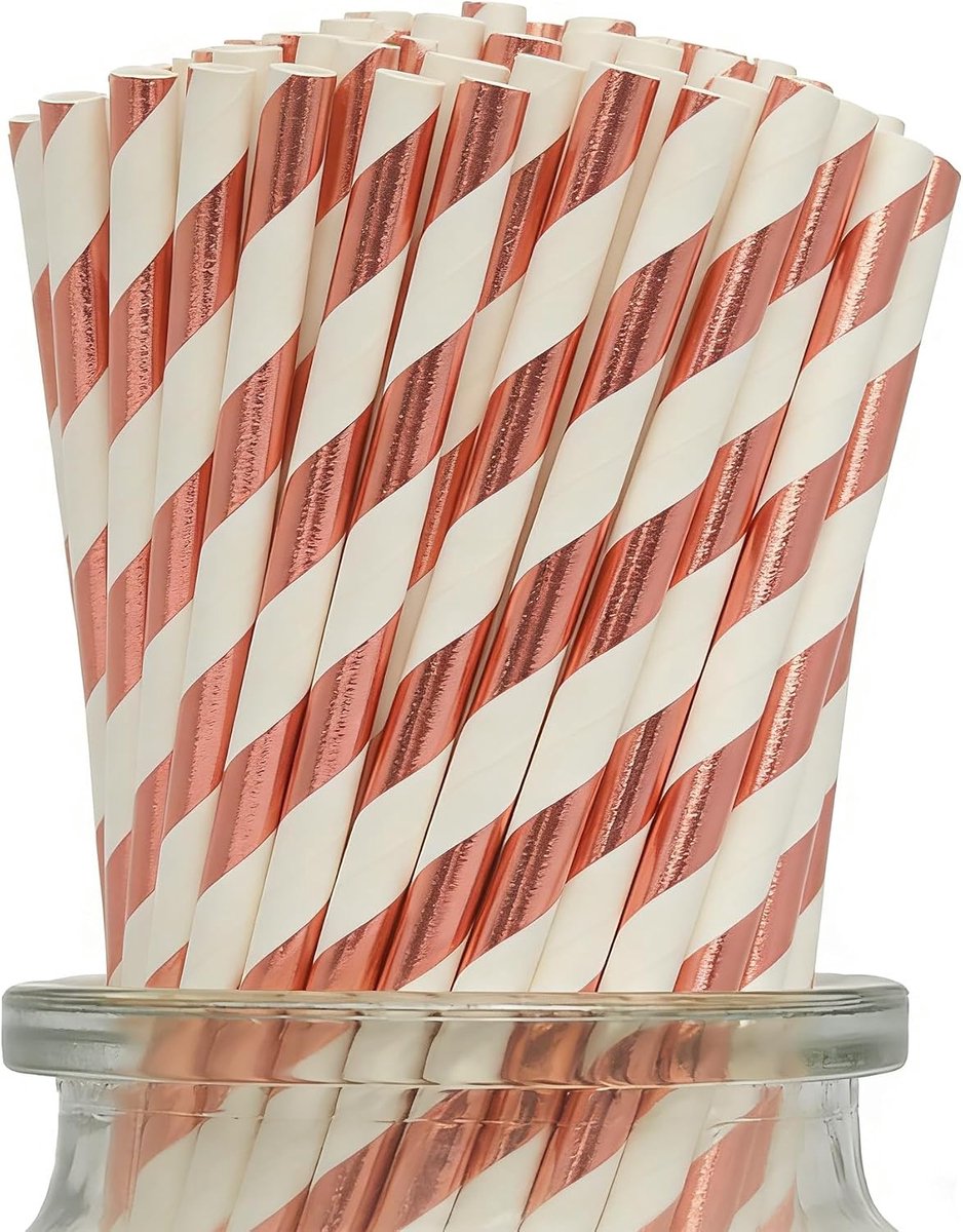 SnelShoppen - Roségoud Gestreepte Wegwerprietjes 100 Stuks - Biologisch Afbreekbaar Papieren Rietjes voor Feestaccessoires, Verjaardagen, Bruiloften,