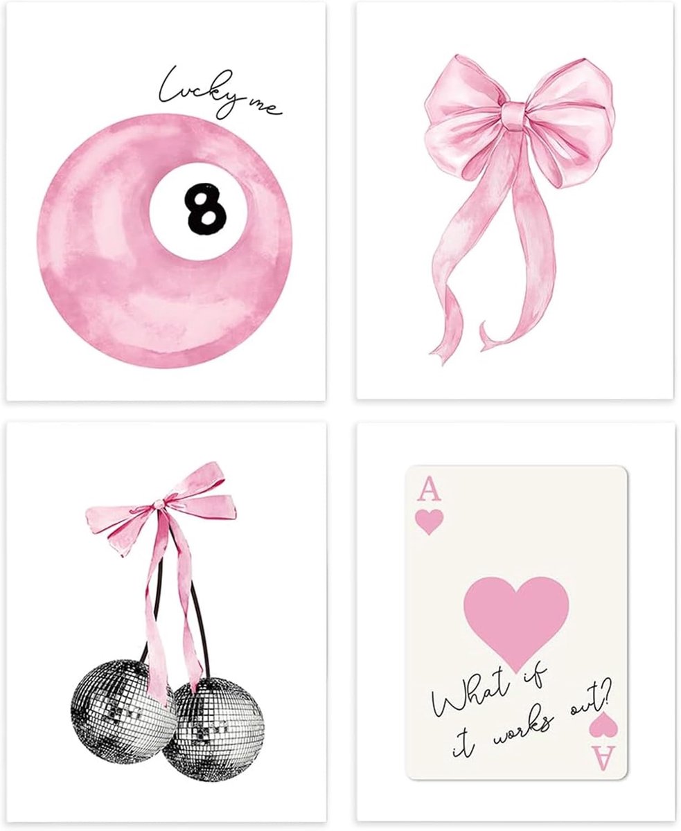 SnelShoppen - 4 Stuks Moderne Preppy Posters - Roze Wanddecoratie Prints 20x25cm - Unframed Coquette Ruimte Esthetiek Disco 8 Ball Decoratie