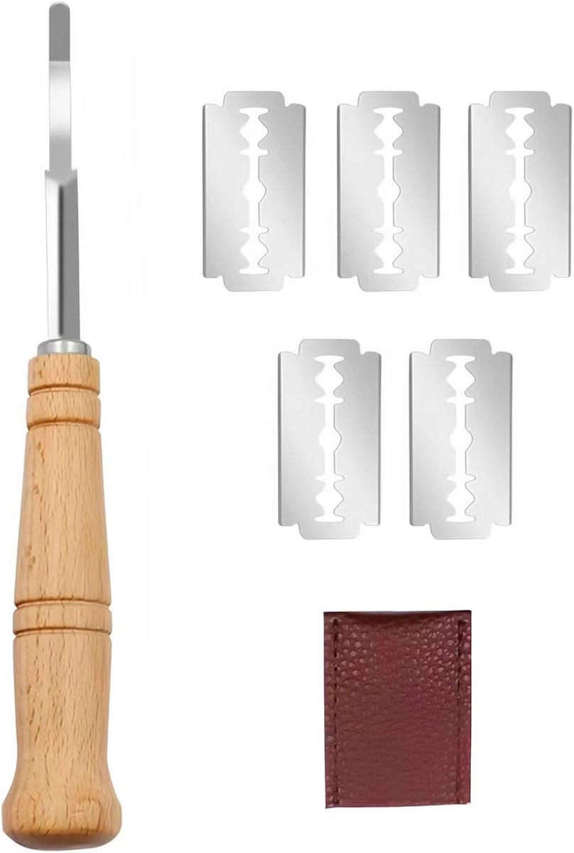 SnelShoppen - Bakkersmes Set 6-delig - Broodmes, Deegmes, Broodsnijder met Leren Hoesje - Perfecte Snijgeleiding voor Brooddeeg - Keukenaccessoires vo