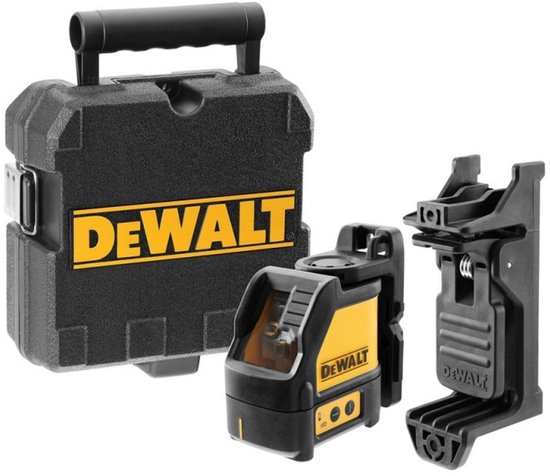 Koffer, groene kruislijnlaser en zwarte houder met DEWALT logo's.