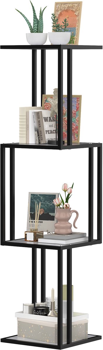 "PIPIPOXER Bijzettafel - Vintage Tafeltje –4 laags – Hout en metaal - 30 x 30 x 123 cm - Tafel Industrieel - Banktafel - Bijzettafels - Houten Bijzettafel–Marmer Wit "