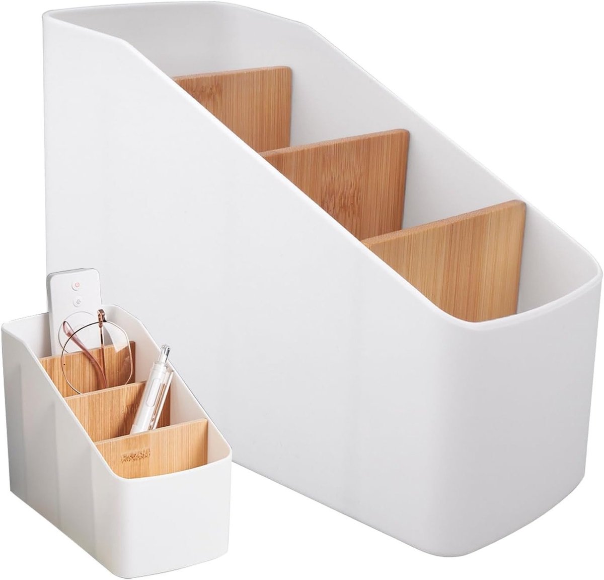 Houten Bureau Organiser met 4 Verwijderbare Compartimenten, Desk Storage Box en Pennenhouder voor Efficiënte Werkplekorganisatie