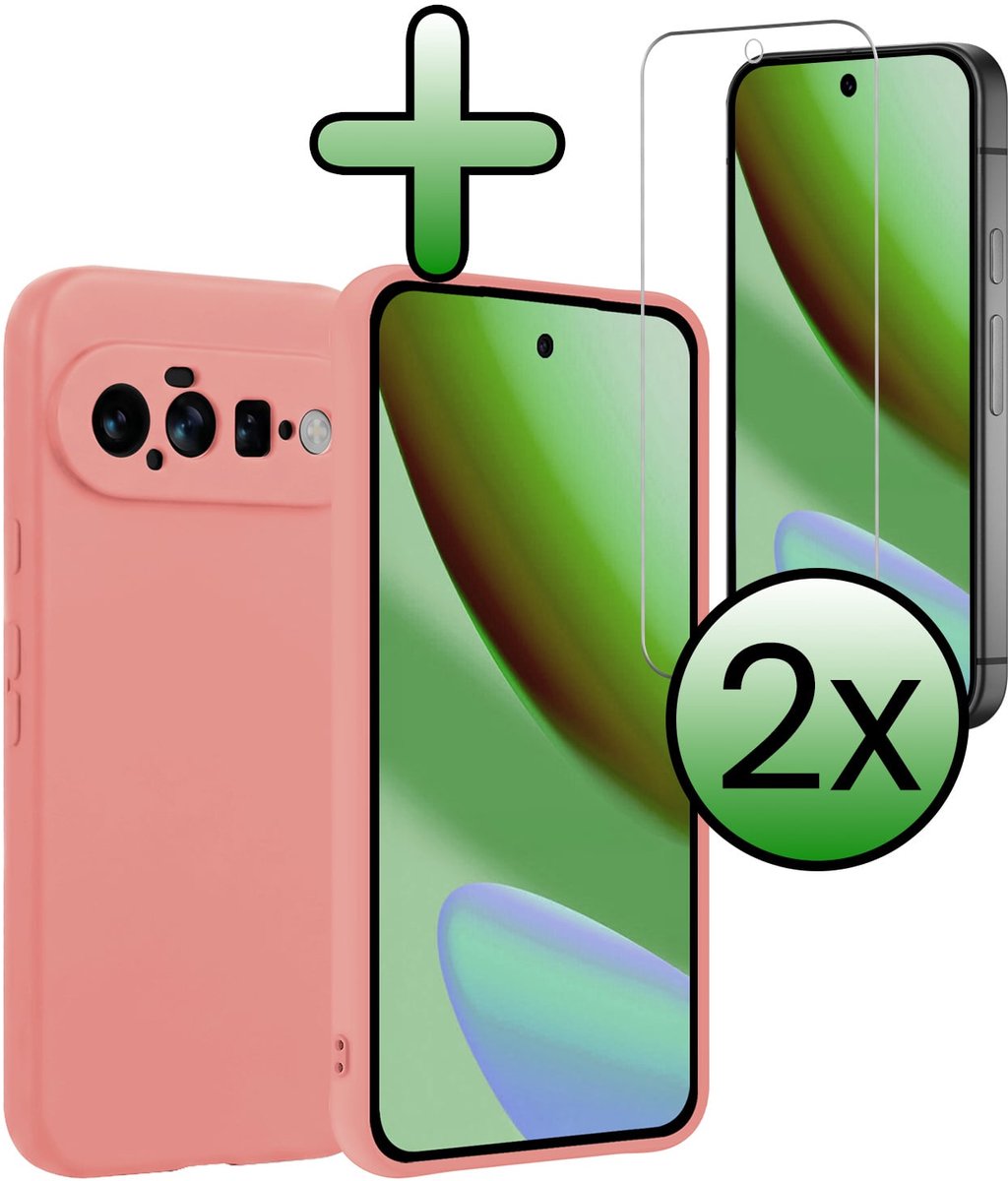 Hoesje Met 2x Screenprotector - Geschikt voor Google Pixel 11 - Sterk & Shockproof - Back Cover - Siliconen Case - Telefoon Hoes - Lichtroze