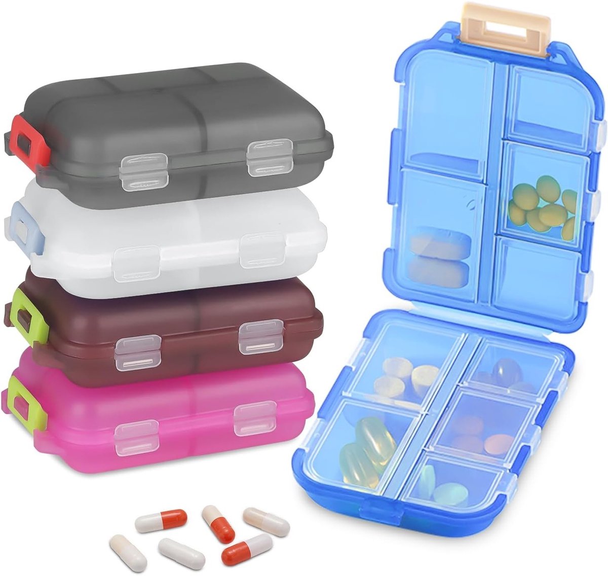 Set van 5 Reiskoffers voor Medicijnen, Pillen Organizer met 10 Compartimenten, Handige Opbergdozen voor Dagelijks Gebruik en Reizen