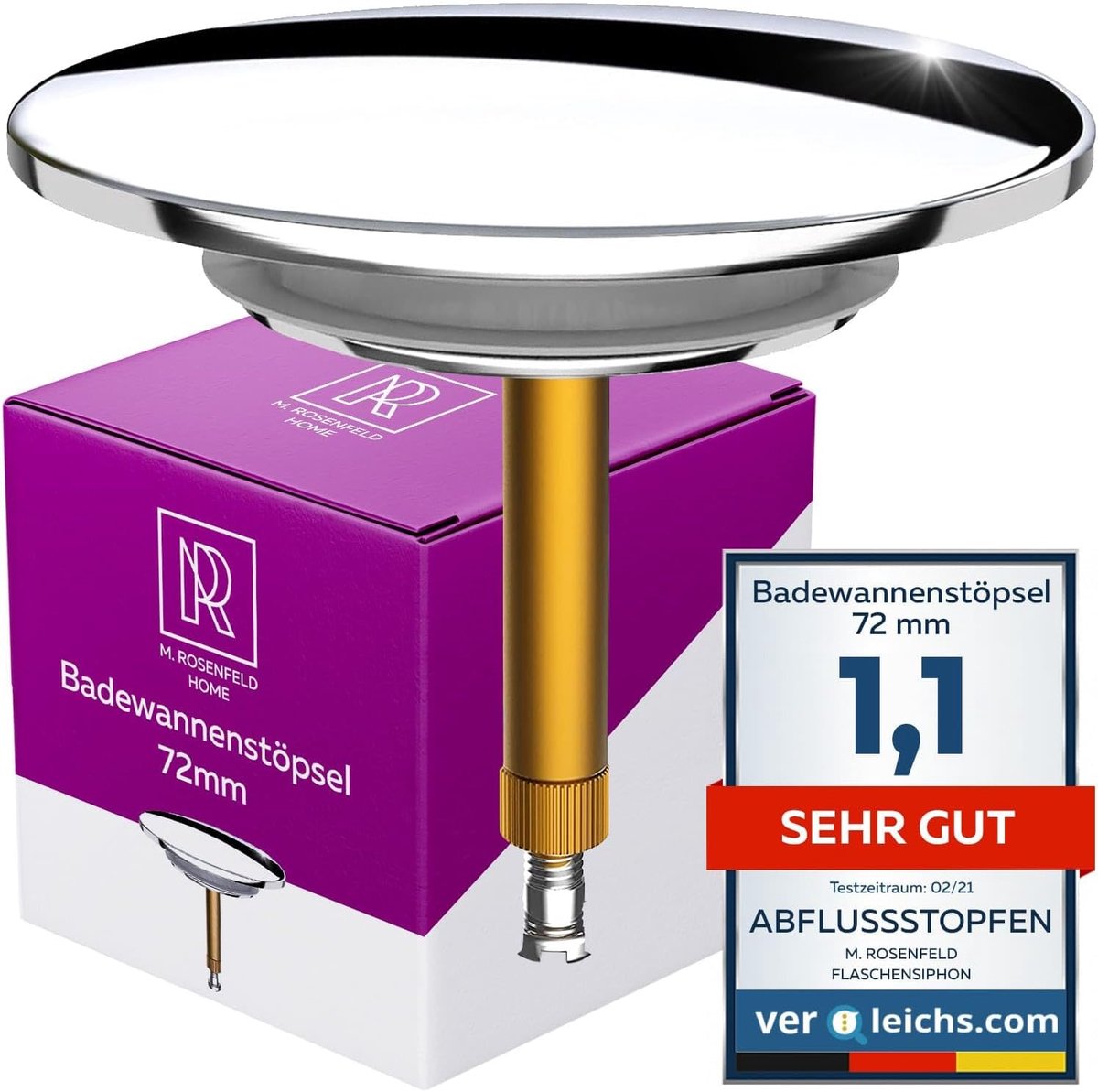 SnelShoppen - Universele Badstopper 72 mm, Hoogwaardige Messing Chroom, Dubbele Dichting, Roestvrij, Perfecte Pasvorm voor Badkuip