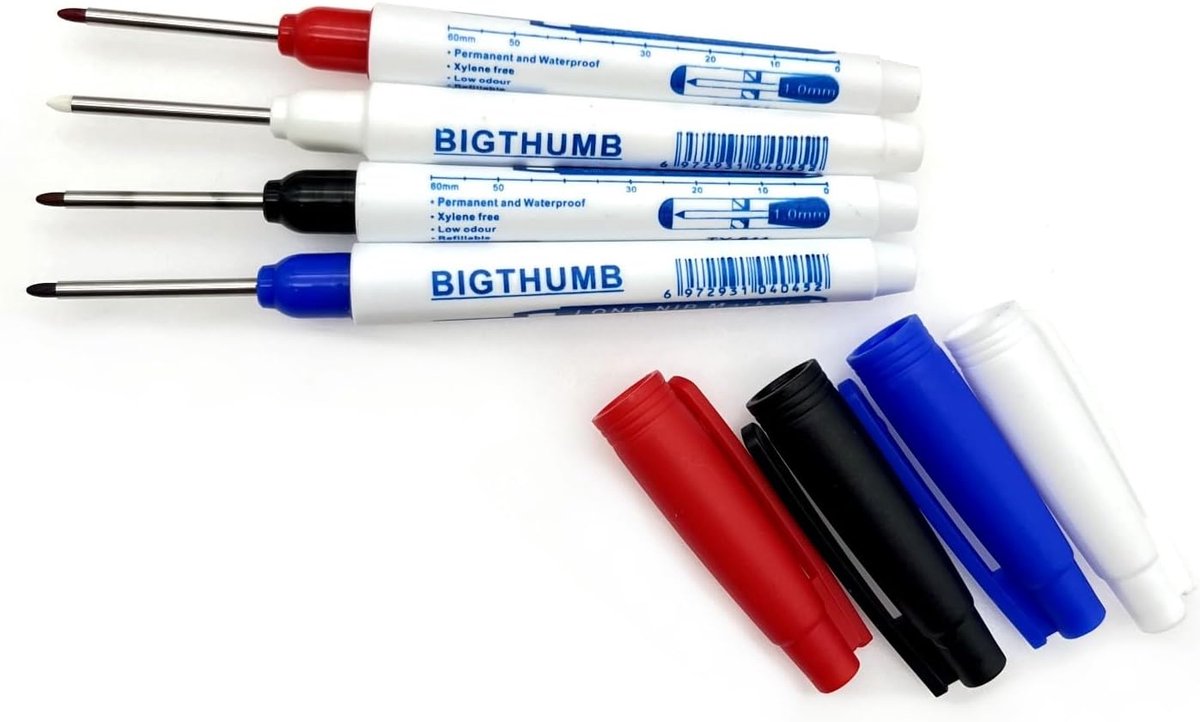SnelShoppen - 4x Waterproof Permanent Long Tip Marker Pens - Fine Nib voor Constructie, Carpentry, Diepe Gaten, Sneldrogend, 13.5 cm, Rood, Blauw, Zwa