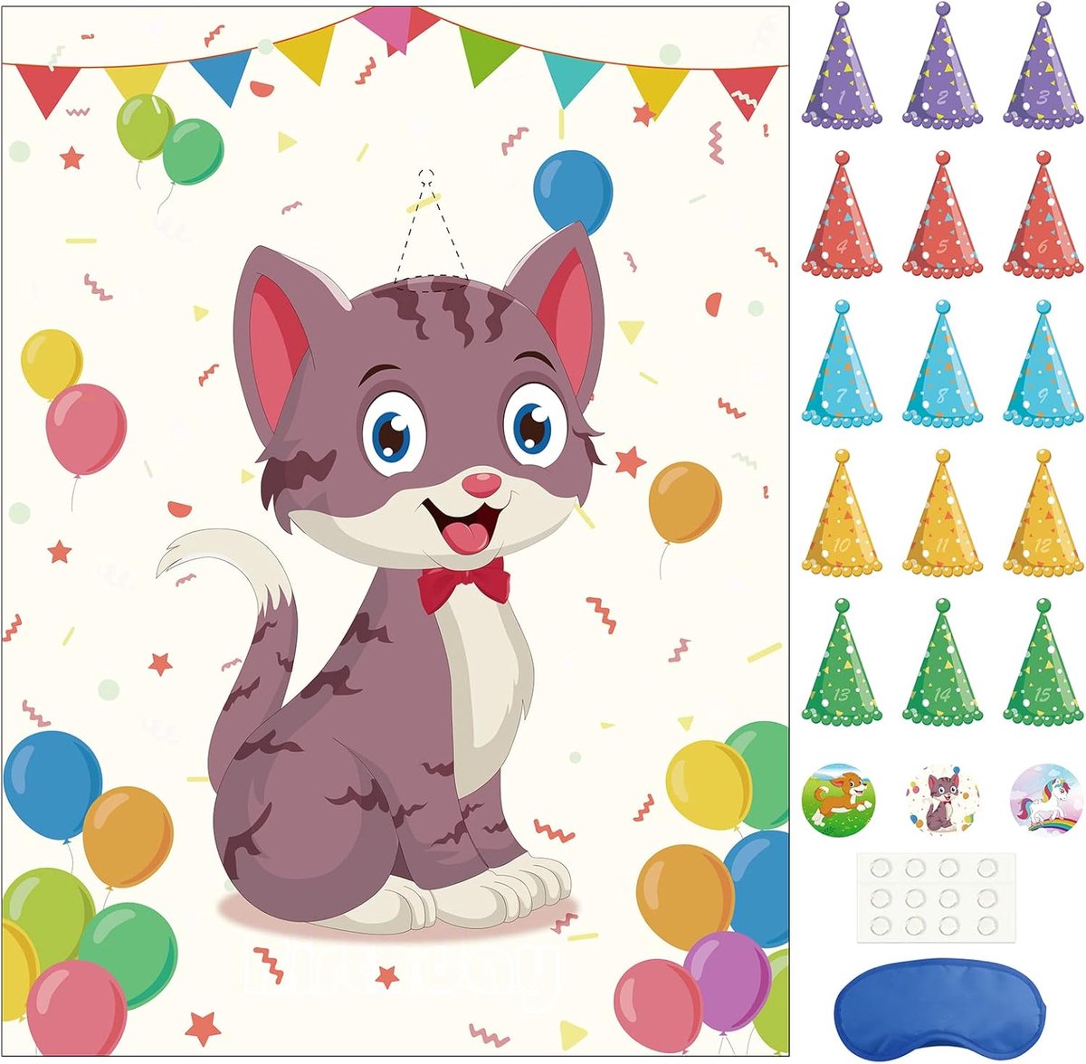 SnelShoppen - Morcheiong Pin The Tail on The Cat Spel voor Kinderen - 48 Hoedjes, Blinddoek, 1 Groot Poster - Kat Themed Verjaardagsfeest Decoraties