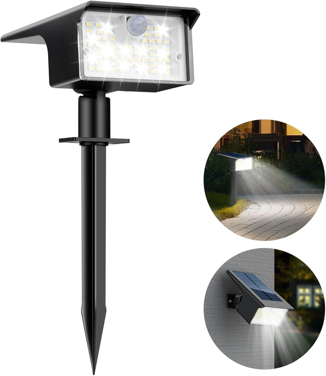 SnelShoppen - Zonnelamp voor Buiten met Bewegingsmelder, 62 LEDs, 3 Modi, Op Zonne-energie, IP65 Waterdicht, Koudwit, Verlichting voor Tuin, Oprit, Pa