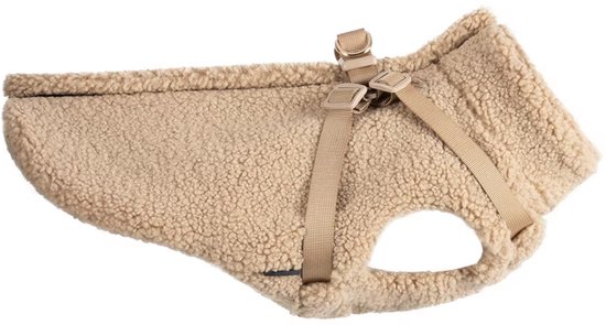 Beige teddy hondenjas met bandjes en gespen, op witte achtergrond.