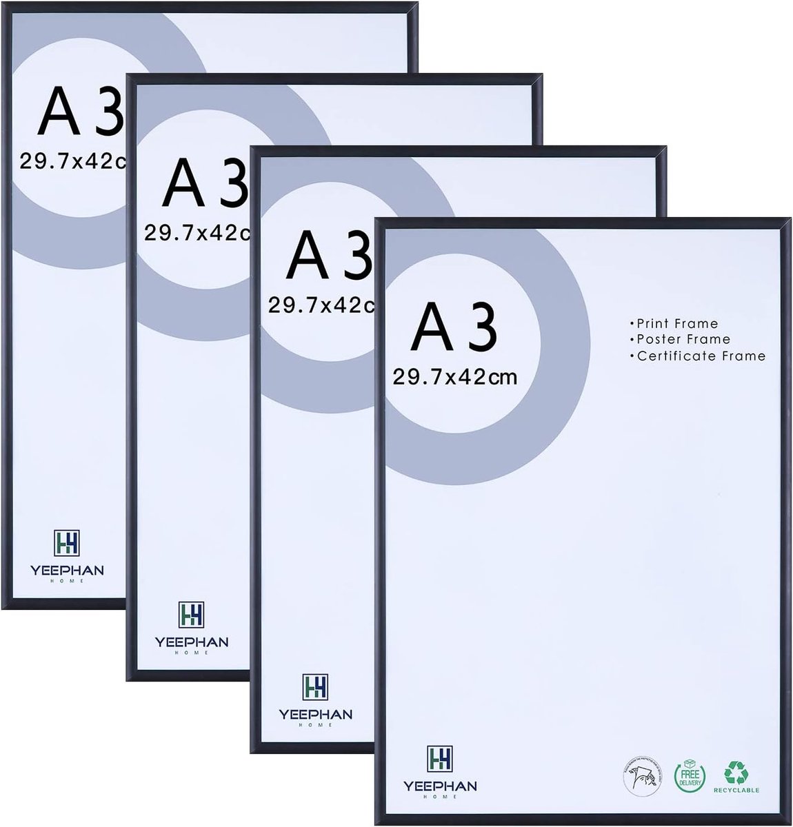 SnelShoppen - A3 Fotolijsten Set van 4 - Zwart Aluminium Metalen Lijsten - 29.7 x 42 cm - Makkelijk Te Openen - Voor Certificaten, Posters, Wanddecora