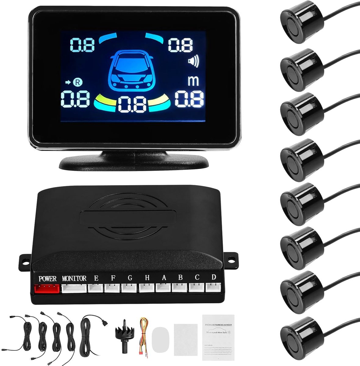SnelShoppen - Car Parking Sensors met 8 Sensoren, Radar Waarschuwing, LCD Display, Geluidsalarm, Buzzer/Mute Functie voor Veilig Parkeren