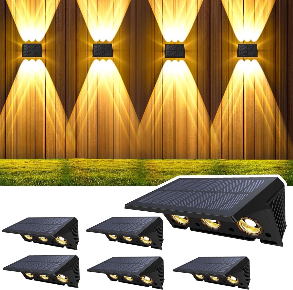 SnelShoppen - Solar Powered Lamp voor Buiten, 6 Stuks LED Solar Wandlamp, IP67 Waterdicht, Tuinverlichting, Balkon Decoratie, Warm Wit, Voor Terras &