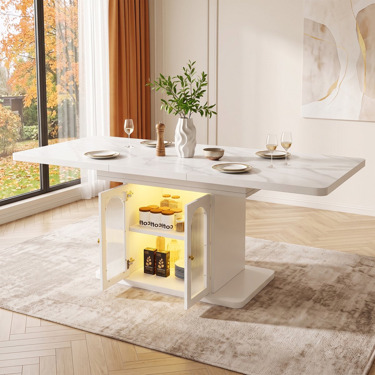 STILVORA Eettafel - Uitschuifbaar Met Opbergruimte En Ledverlichting - Voor 6 Tot 8 Personen In Eetkamer - MDF - 150/200x80 Cm - Wit
