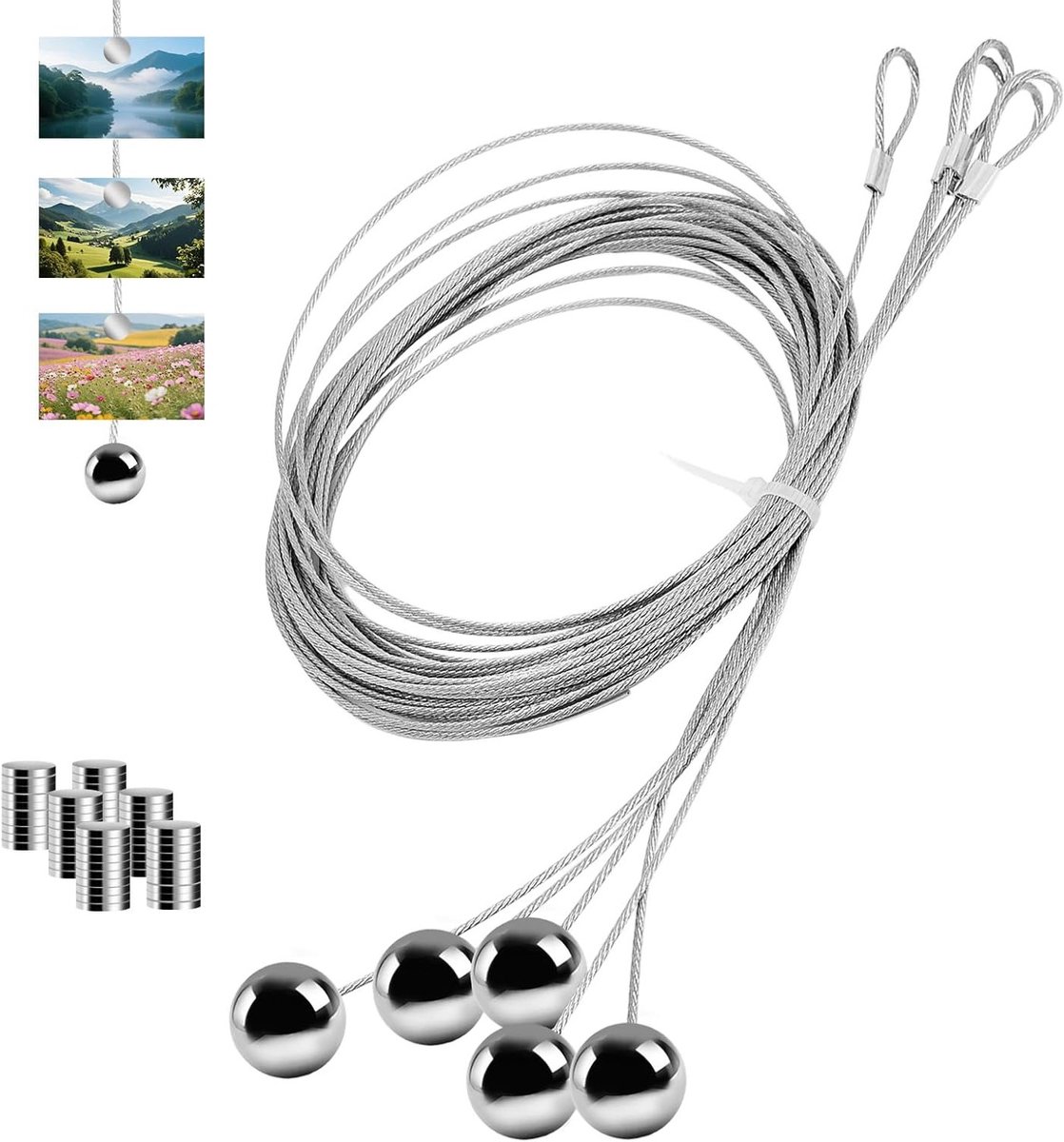 Vijfdelige roestvrijstalen fotokabel met 60 magneten, 2 m x 1 mm, ideaal voor het ophangen