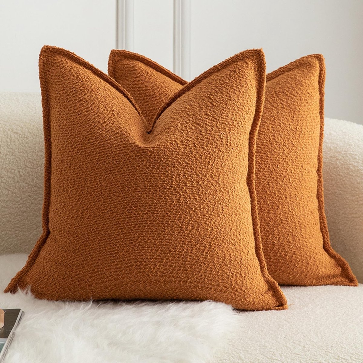 SnelShoppen - Set van 2 Decoratieve Kussenslopen 50x50cm Bouclé Textuur voor Woonkamer Slaapkamer Sofa - Tobacco Kleur - Cozy Accent Kussenhoes