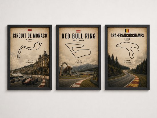 Drieluik met racecircuits: Monaco met auto, Red Bull Ring met stier, Spa-Francorchamps met bomen.