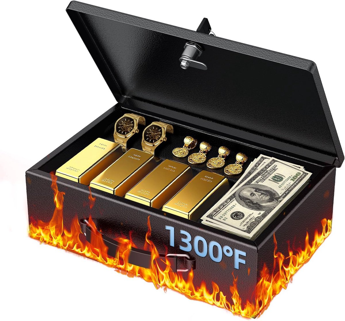 SnelShoppen - Brandwerende Documenten Box met Sleutelslot en Handvat, 32 x 21 x 10.5 cm, Waterdichte Kluis voor Waardevolle Spullen, Paspoorten & Cash