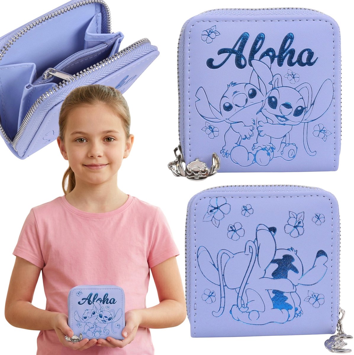 DISNEY Stitch Portemonneetje voor meisjes, portemonnee voor geld, met ritssluiting 9x9 cm