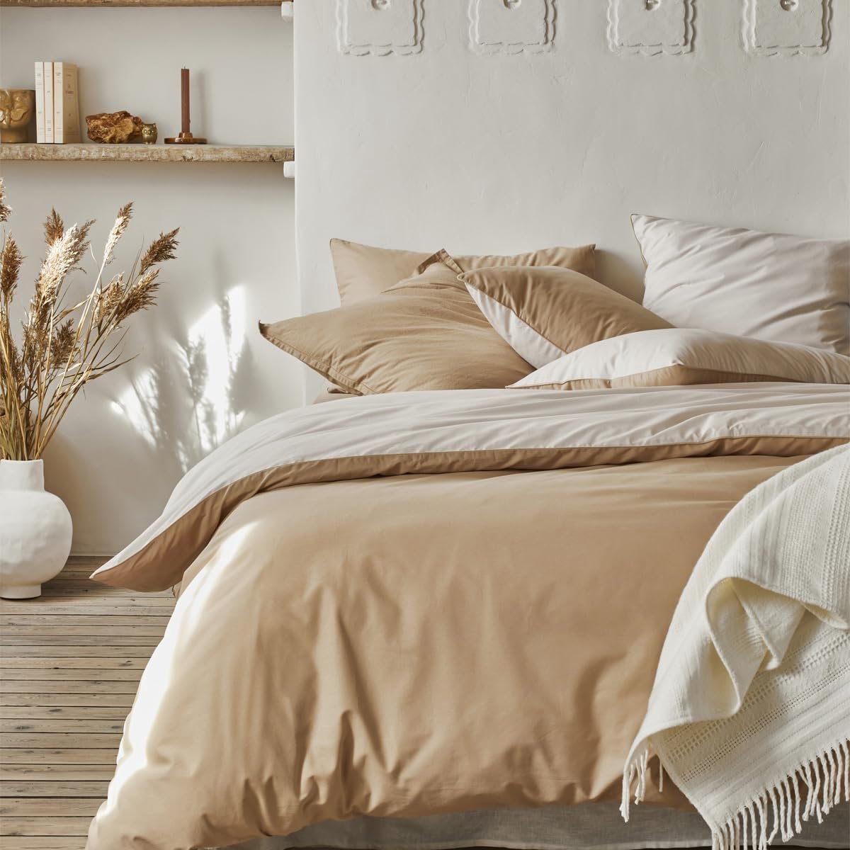SnelShoppen - Duvet Cover Katoen Two-Tone Beige 240 x 220 cm - Reversible Dekbedovertrek voor Volwassenen en Kinderen - Ideaal voor Slaapkamer en Gues