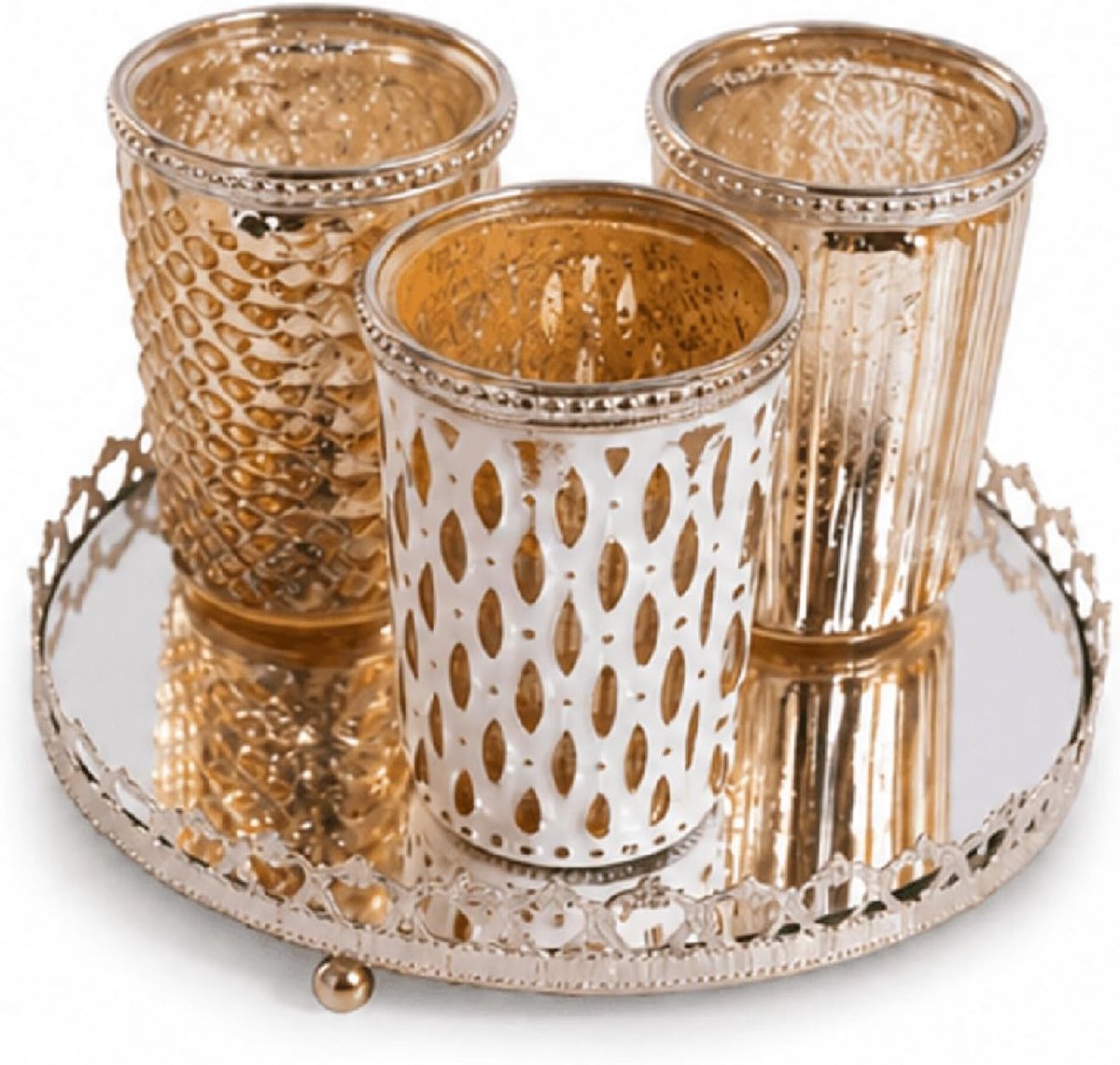 SnelShoppen - Set van 3 Decoratieve Glazen Kaarsenhouders met Spiegelblad - Antiek Gouden Kaarsenhouders voor Feest, Woonkamer en Tuin - Ø7 cm, Hoogte